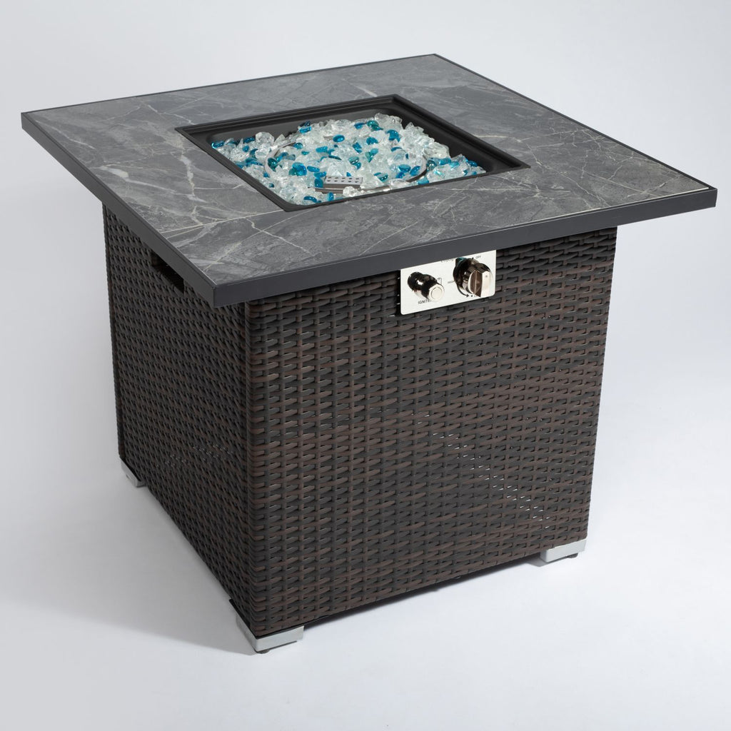 30" Propane Gas Fire Pit Table, 50000 BTU Square Fire Pit, Tile Tabletop with Beautiful Wicker Base for Outside Patio Deck Garden Courtyard-Brown