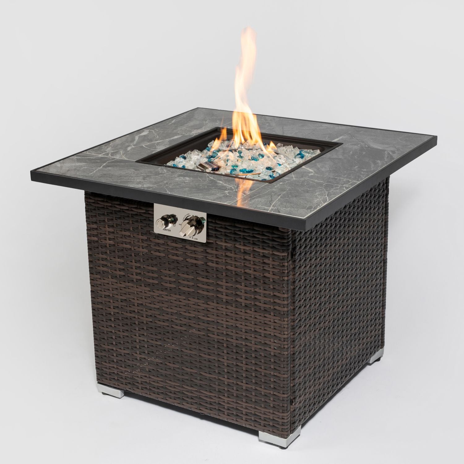 30" Propane Gas Fire Pit Table, 50000 BTU Square Fire Pit, Tile Tabletop with Beautiful Wicker Base for Outside Patio Deck Garden Courtyard-Brown