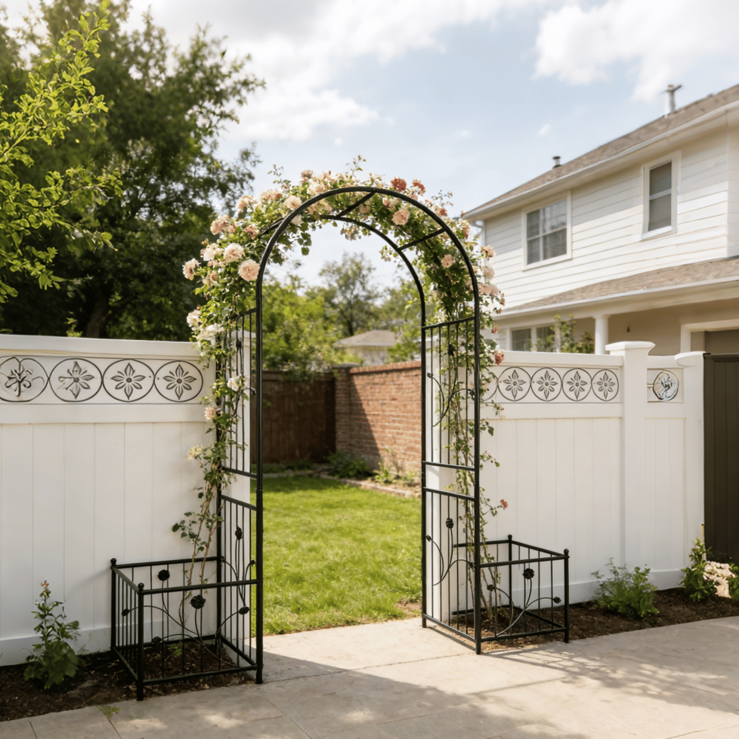 Metal Garden Arch with two plant stands 79.5'' Wide x 86.6'' High Climbing Plants Support Rose Arch Outdoor Black
