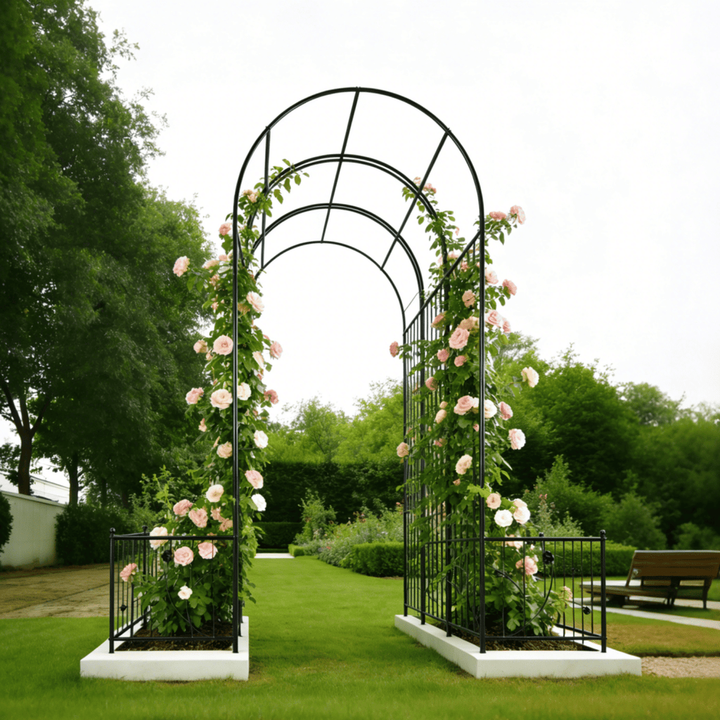 Metal Garden Arch with two plant stands 79.5'' Wide x 86.6'' High Climbing Plants Support Rose Arch Outdoor Black