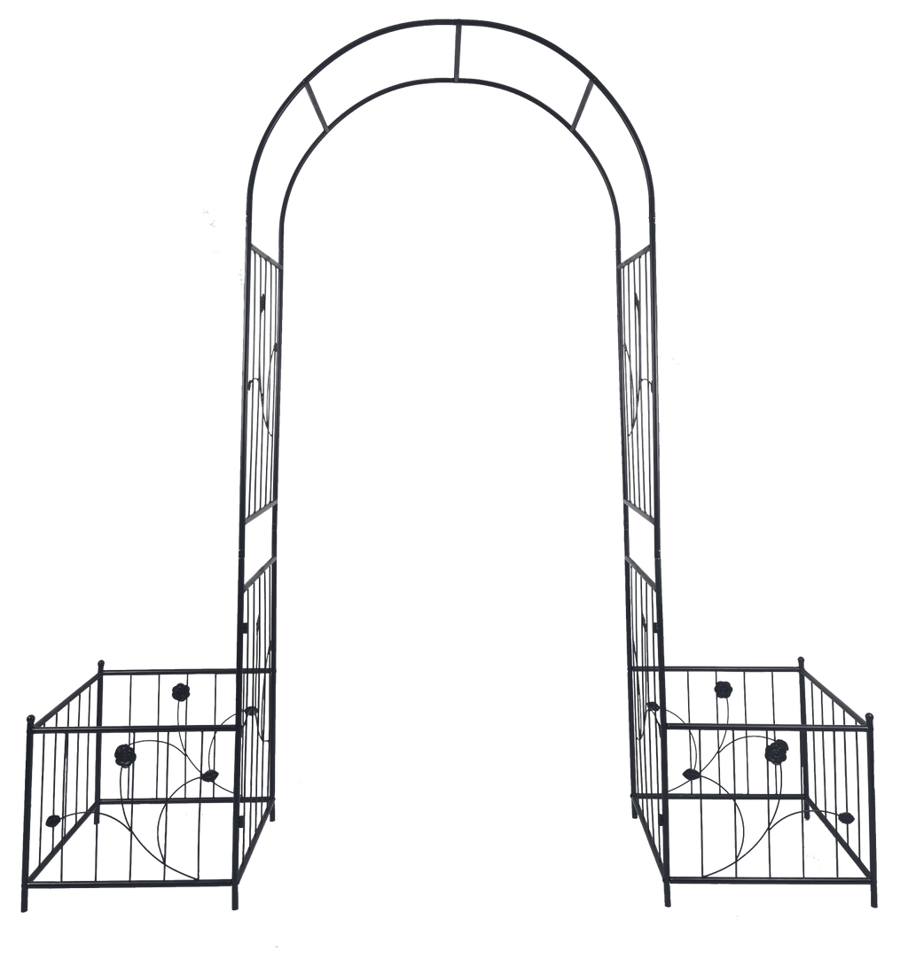 Metal Garden Arch with two plant stands 79.5'' Wide x 86.6'' High Climbing Plants Support Rose Arch Outdoor Black