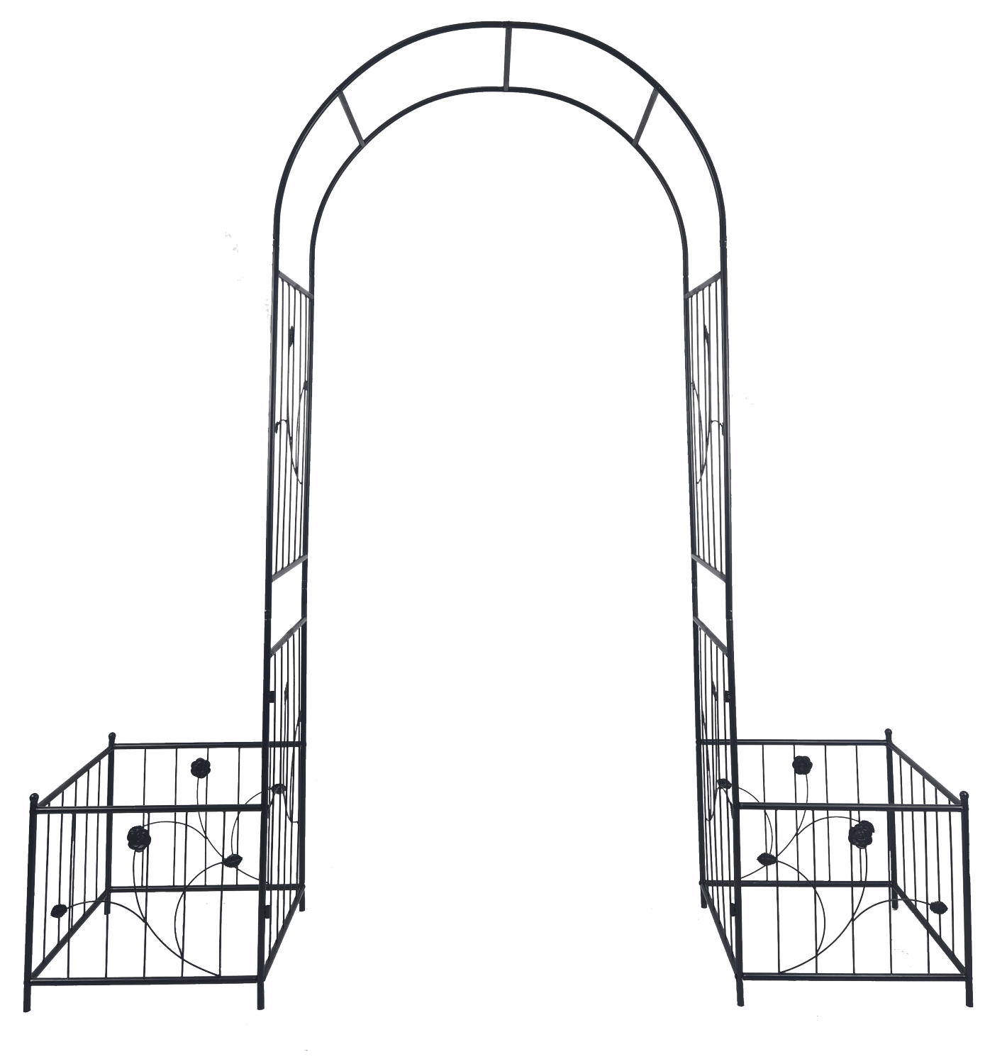 Metal Garden Arch with two plant stands 79.5'' Wide x 86.6'' High Climbing Plants Support Rose Arch Outdoor Black