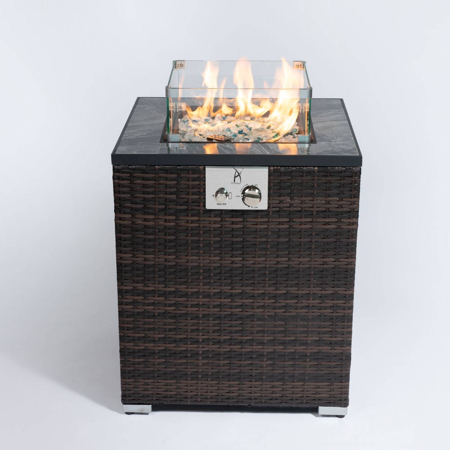 24" Propane Gas Fire Pit Table, 50000 BTU Square Fire Pit, Tile Tabletop with Beautiful Wicker Base for Outside Patio Deck Garden Courtyard-Espresso
