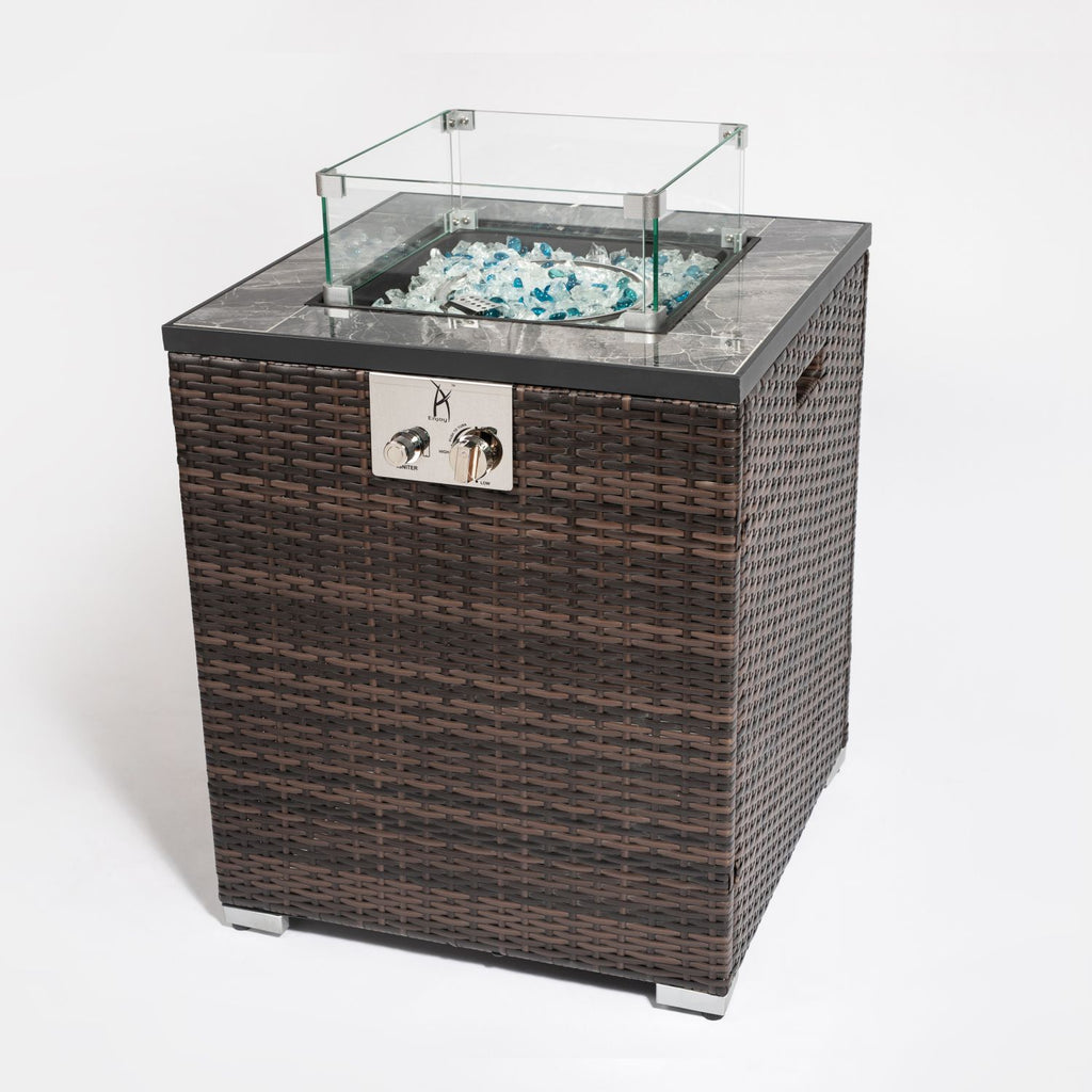 24" Propane Gas Fire Pit Table, 50000 BTU Square Fire Pit, Tile Tabletop with Beautiful Wicker Base for Outside Patio Deck Garden Courtyard-Espresso