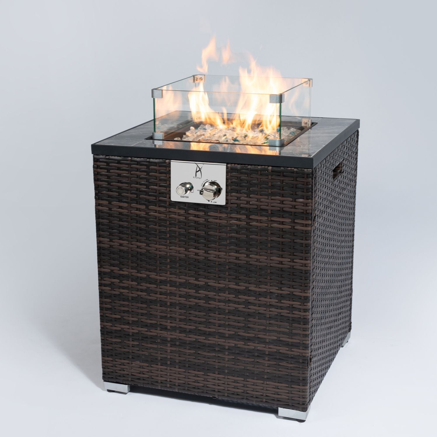 24" Propane Gas Fire Pit Table, 50000 BTU Square Fire Pit, Tile Tabletop with Beautiful Wicker Base for Outside Patio Deck Garden Courtyard-Espresso