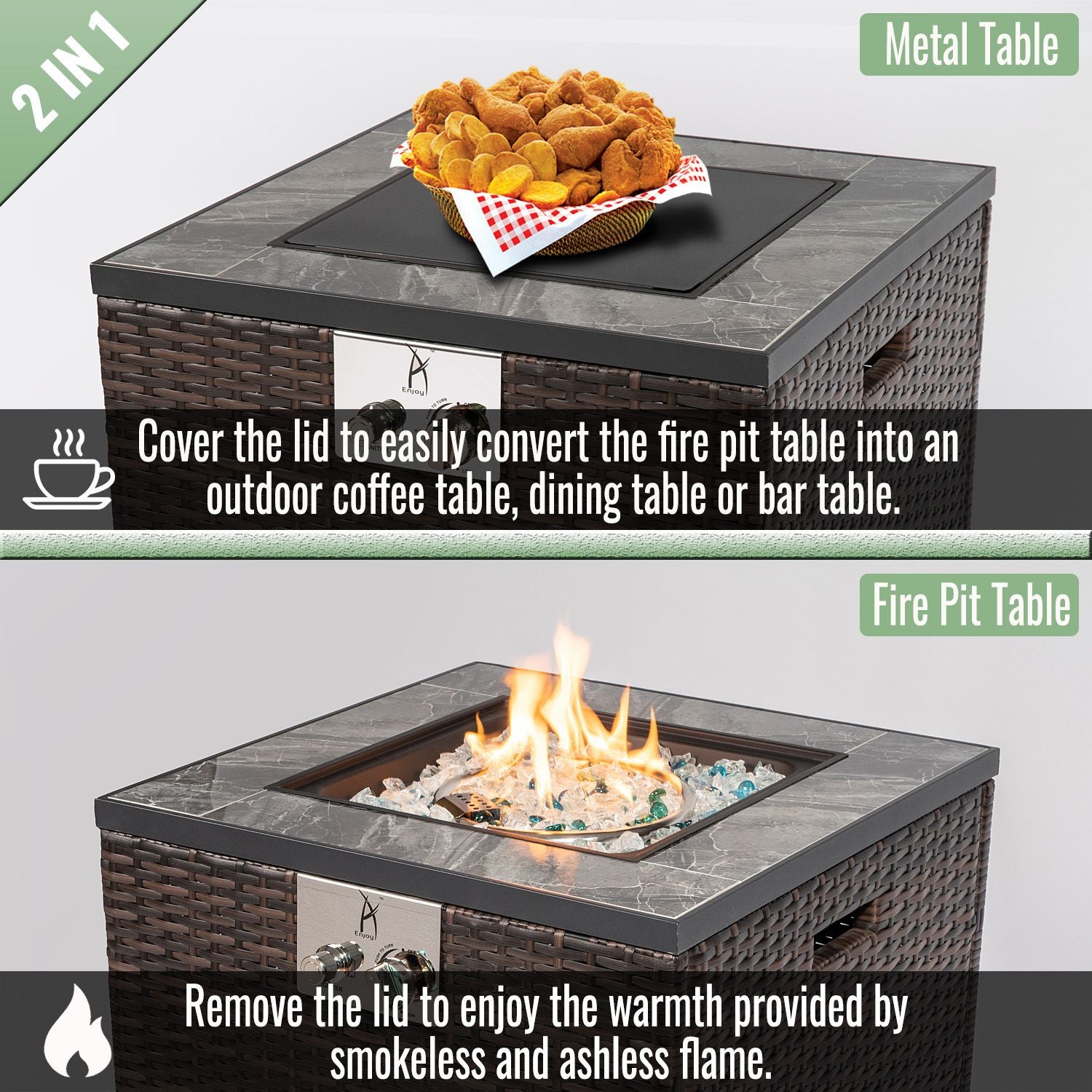 24" Propane Gas Fire Pit Table, 50000 BTU Square Fire Pit, Tile Tabletop with Beautiful Wicker Base for Outside Patio Deck Garden Courtyard-Espresso