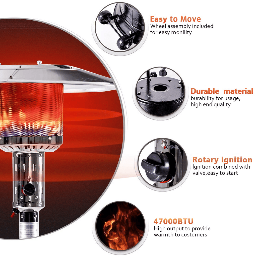 Outdoor Patio Propane Heater with Portable Wheels 47,000 BTU 88 inch Standing Gas Outside Heater Stainless Steel Burner Commercial & Residential Hammered Black for Party Restaurant Garden Yard-Black