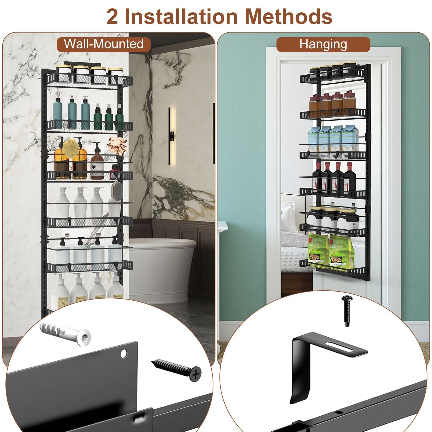 Over The Door Pantry Organizer 6-Tier Pantry Door Organizer Carbon Steel 110LBS Loading Easy Install Behind Door Storage For Closet Kitchen Bathroom 50.19'H 17.12'W 5.51'D