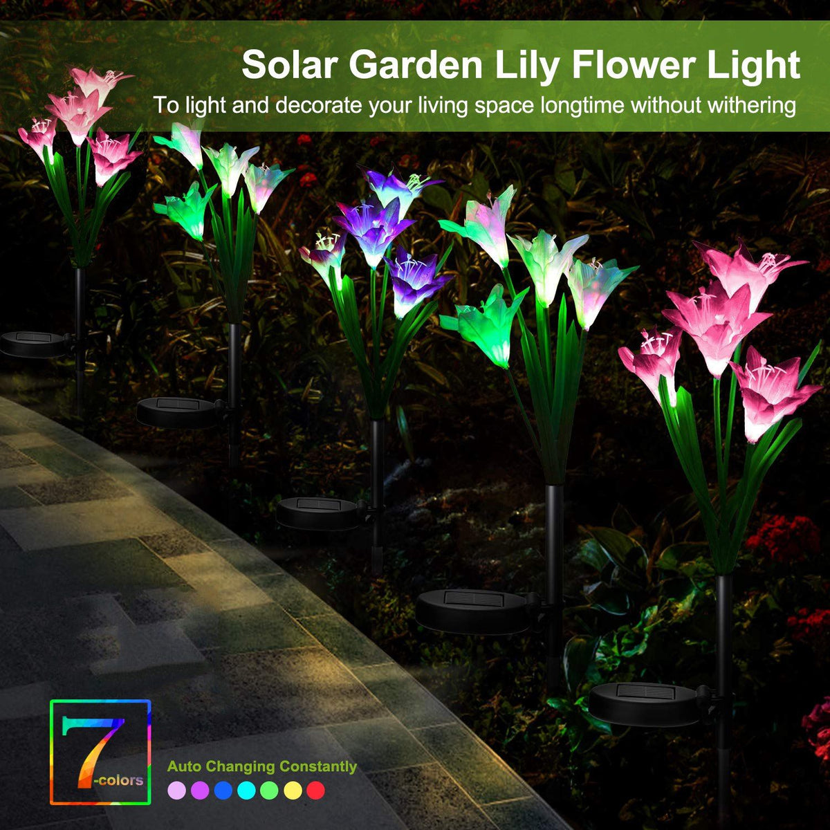 2Pcs Solar Garden Lights Outdoor Lily Flower LED Light 7-Color Changing IP65 Waterproof for Festival Decorations - Image 3