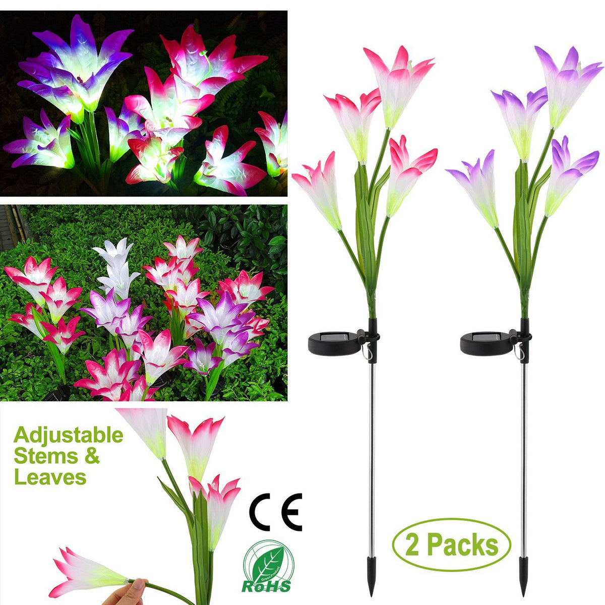 2Pcs Solar Garden Lights Outdoor Lily Flower LED Light 7-Color Changing IP65 Waterproof for Festival Decorations - Image 4
