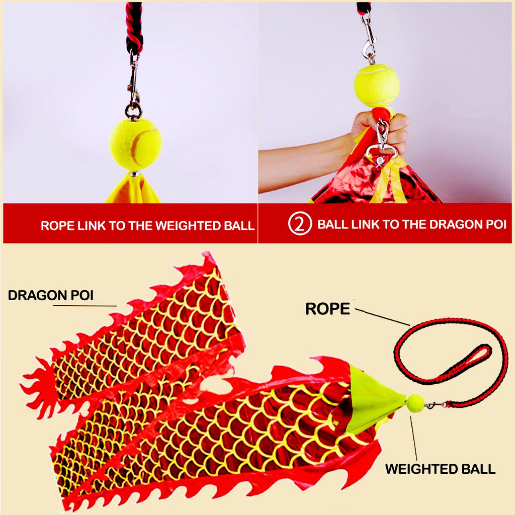 8 Meters (26.2 FT)  Gold Dragon Ball Poi,  3D Golden Dragon Ribbon Streamer with 340g Weighted Ball & Swing Rope and Travel Bag