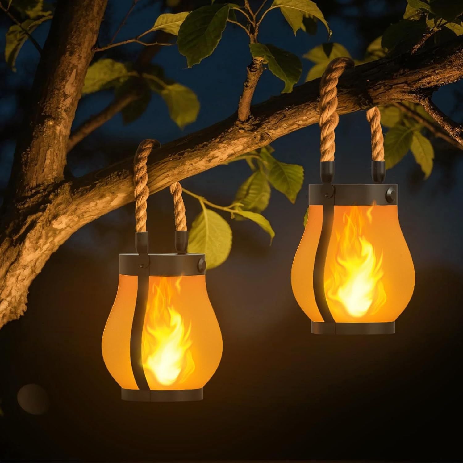 Flickering-Flame Solar Lanterns with USB Charging – 2 Pack
