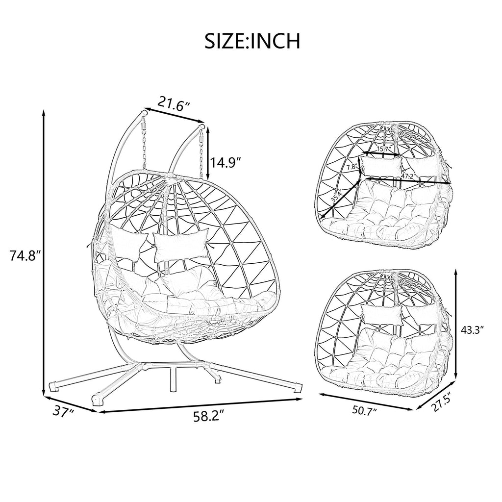 Two-Person Wicker Egg Chair with Stand – Light Gray – product image 5
