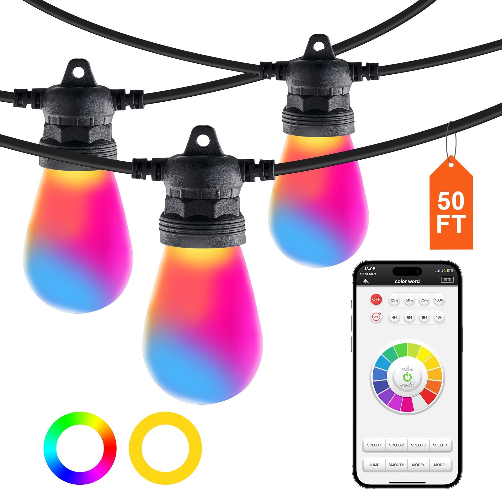 50 Ft RGB Outdoor String Lights with App Control