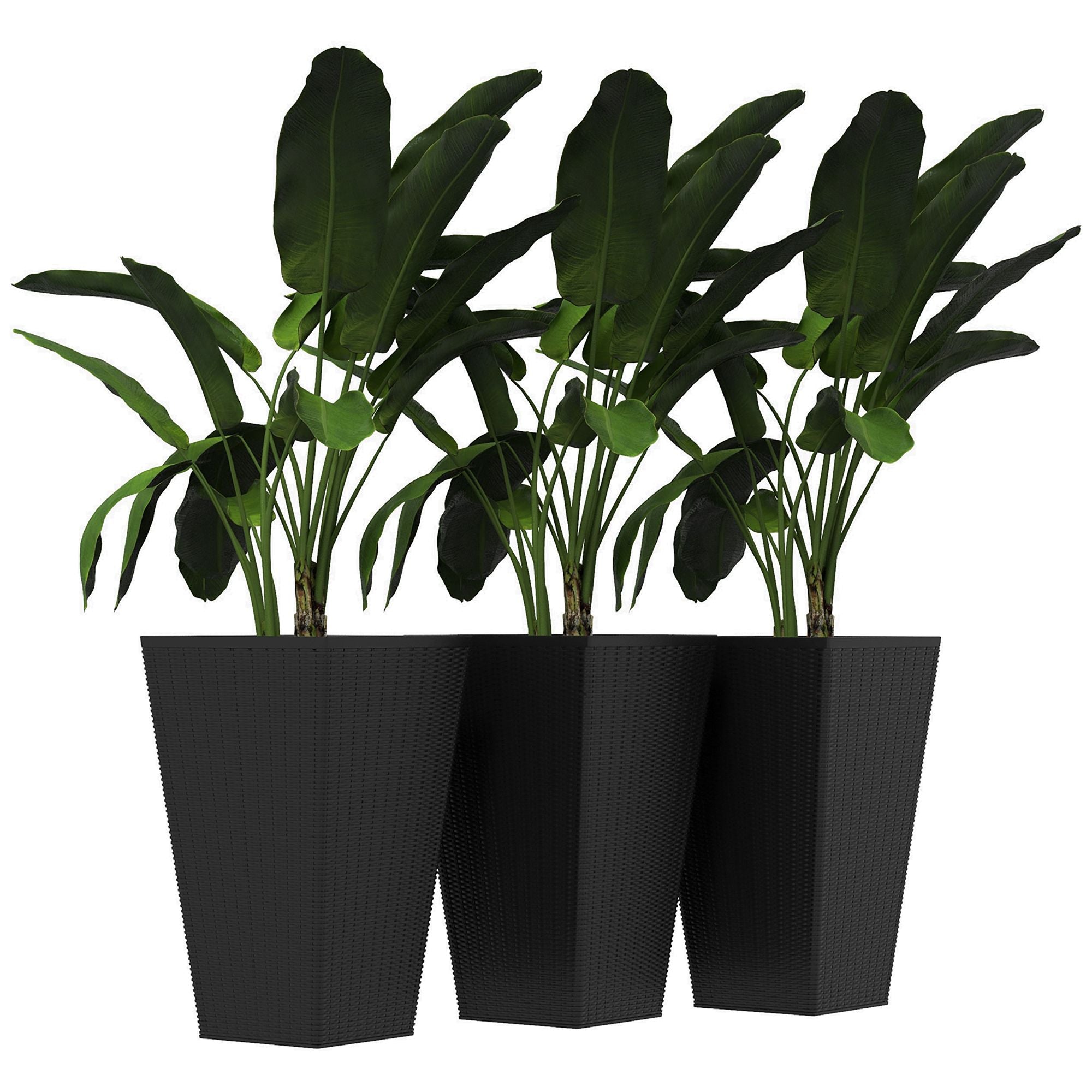 Tall Black Rattan-Style Planters – Set of 3