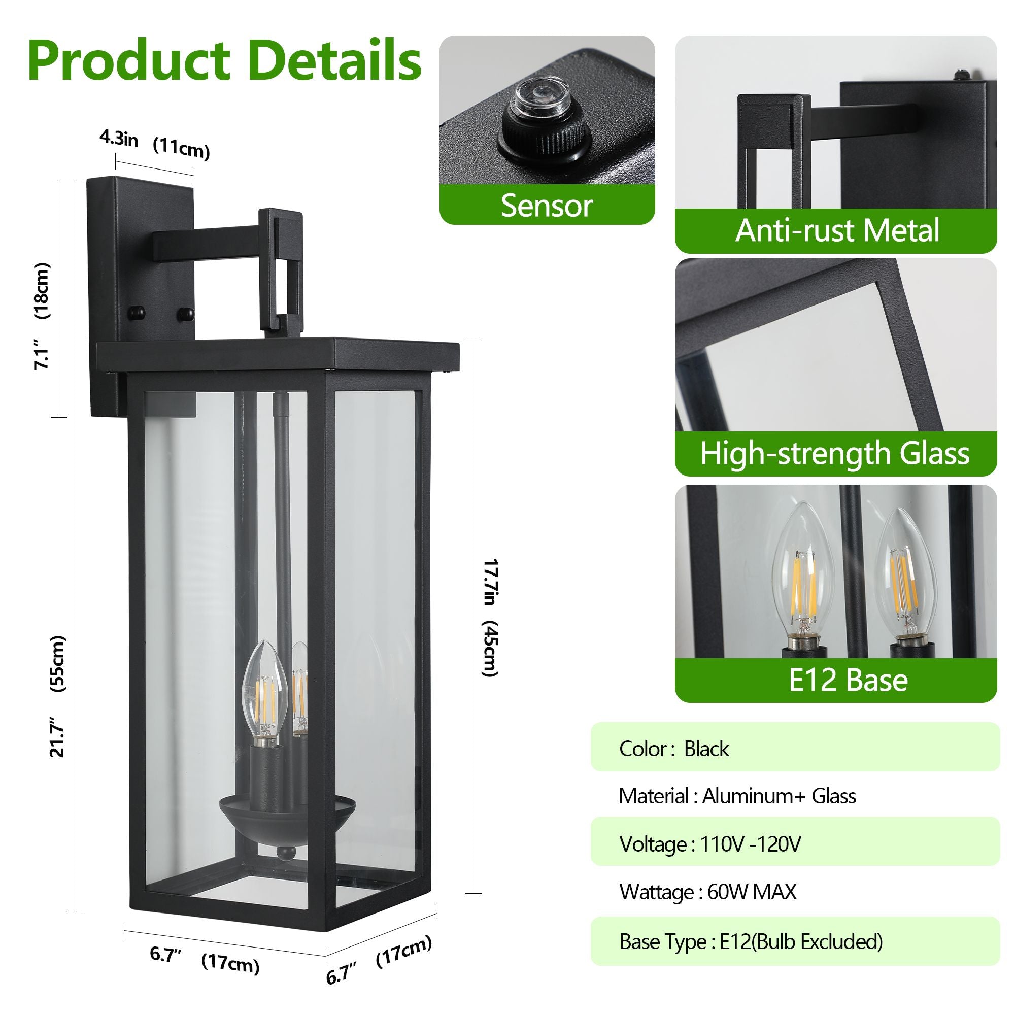 22-Inch Dusk-to-Dawn Outdoor Wall Lantern – Black – product image 9