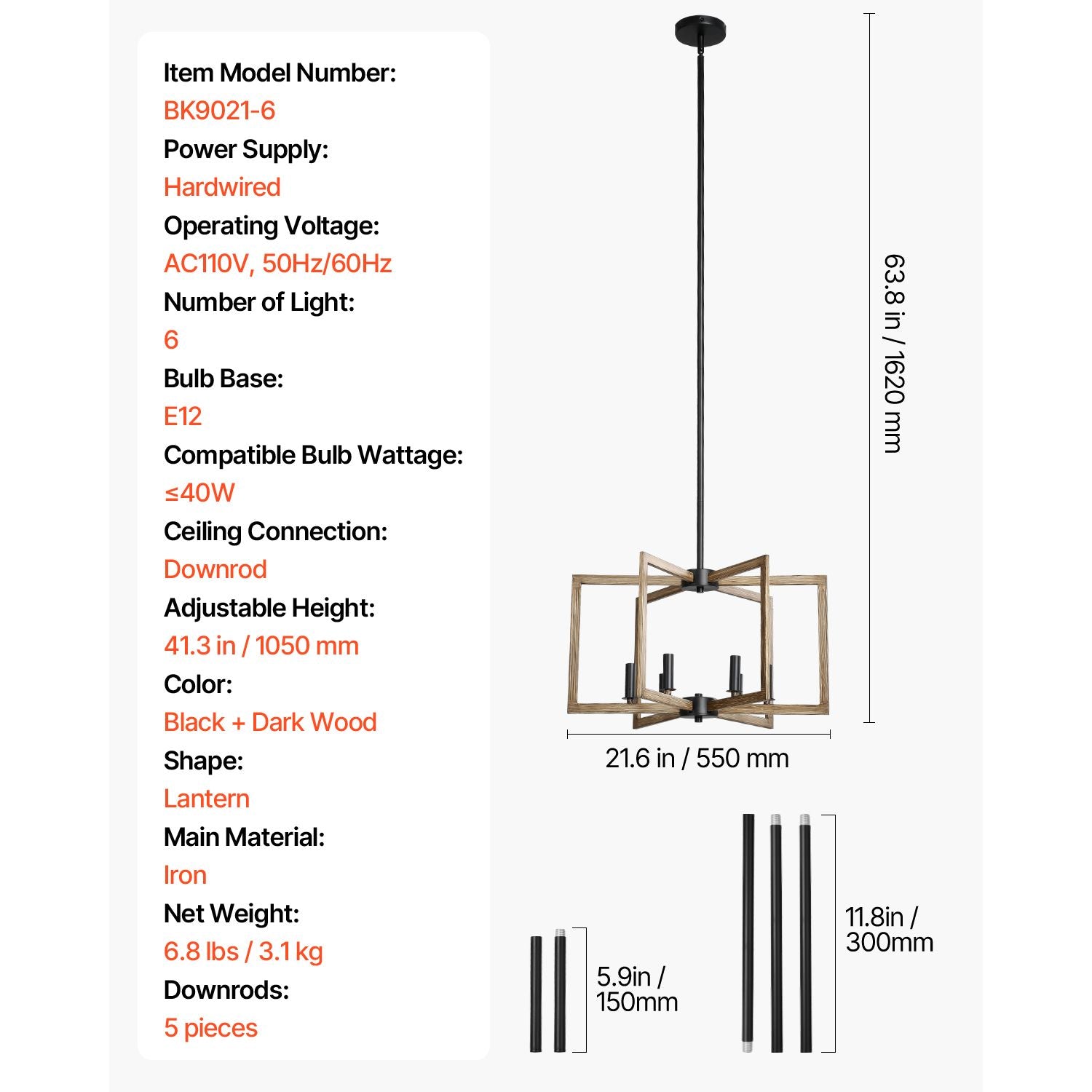 Six-Light Adjustable Farmhouse Metal Chandelier – product image 7
